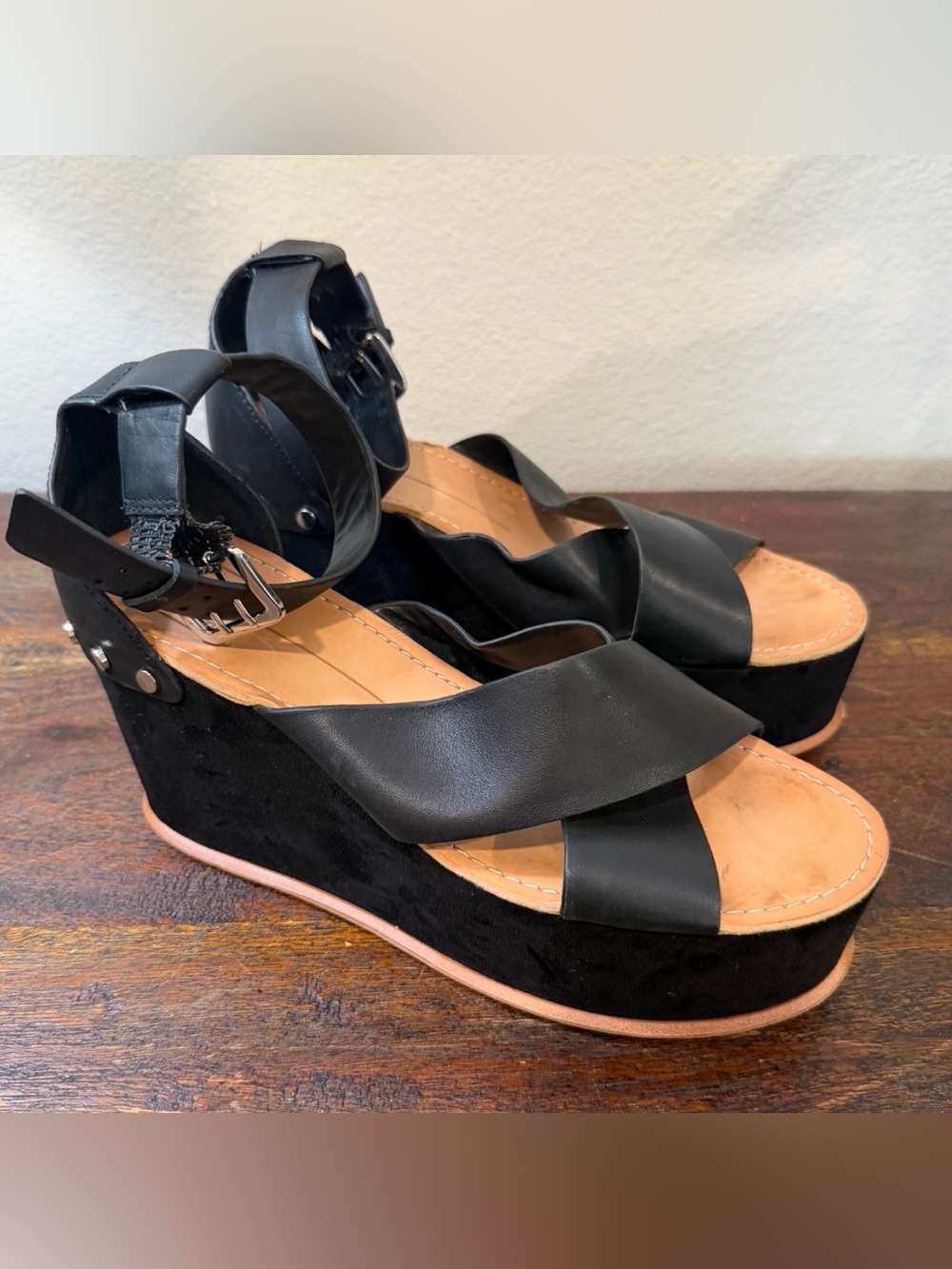 Dolce Vita Black Leather Wedge Sandals with Ankle Buckle size 9